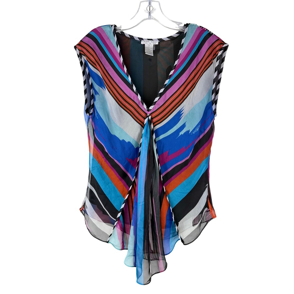 Alberto Makali Sleeveless Blouse Medium Multicolor Striped‎ V-Neck Sheer Layered